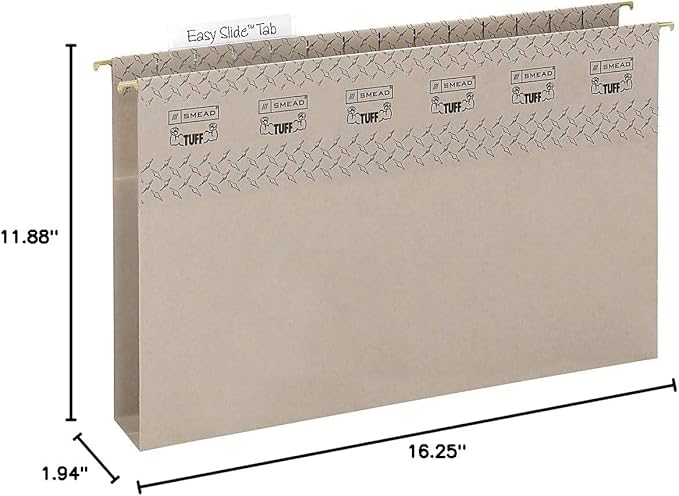 Smead TUFF Extra Capacity Box Bottom Hanging Folder, 2" Expansion, 1/3-Cut Easy Slide Tab, Legal Size, Steel Gray, 18 per Box (64340)