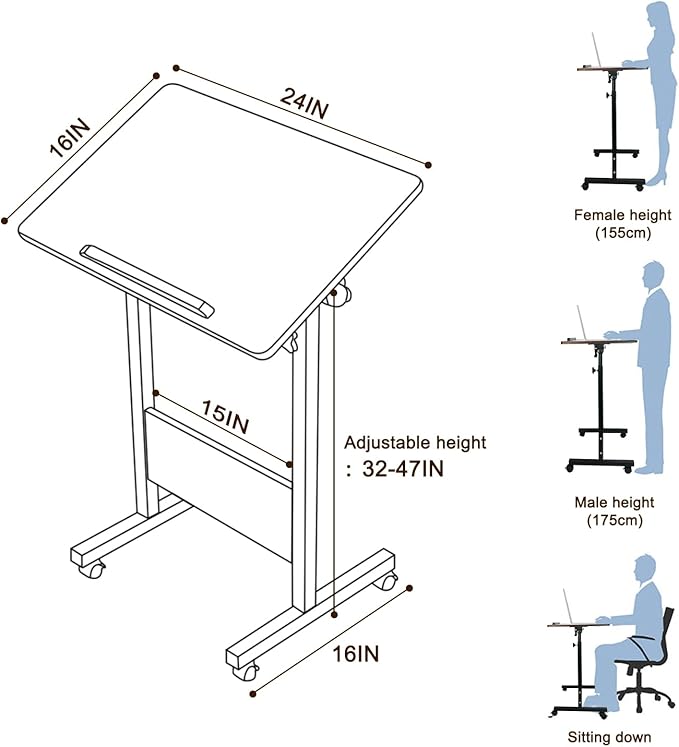 KOUPA Height Adjustable Mobile Standing Desk 16×24 in,360° Flip Desk Stand Desks Home Office Table Standing for Small Space Offices,Easy to Assemble(Adjustable Height: 32in-47in)