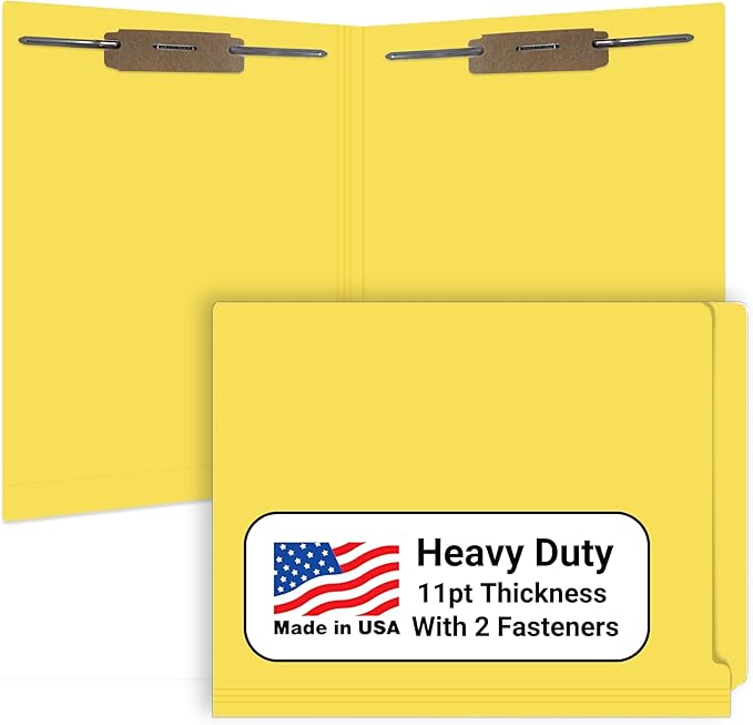 Yellow File Folders, USA Made, Doctor Stuff, Two 2" Bonded Fasteners, Durable 11pt, Reinforced End Tab File Folders with 2 Prongs, Colored Medical Charts and Patient Chart, Box of 50