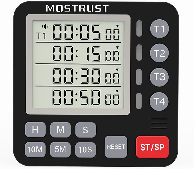 Digital Dual Kitchen Timer, 4 Channels Independent Countdown Timer, Large Display, On/Off, Loud Volume Alarm and Flashing Light with Magnetic Back, Stand, Battery Included (Black)