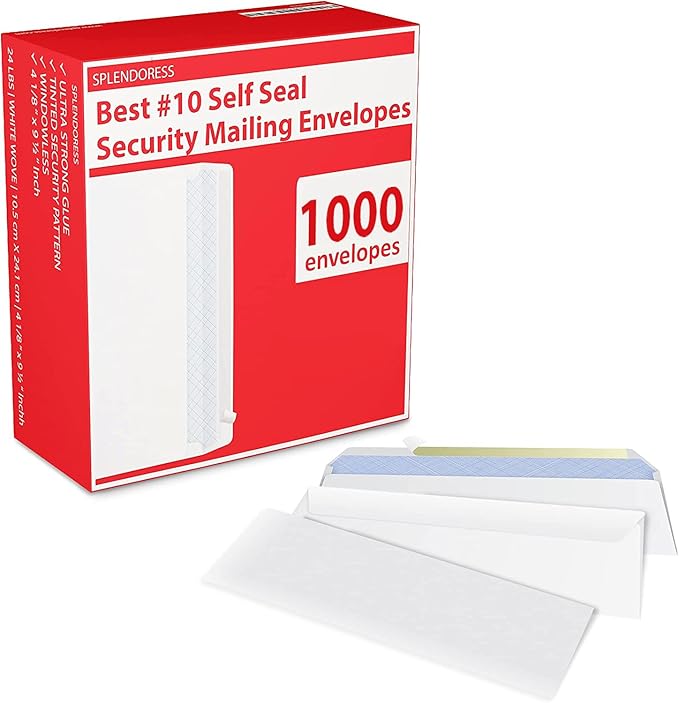 #10 Envelopes Letter Size Self Seal | 1,000 Business Mailing Security Peel and Sealing Envelope | 100% Tinted | no 10 White Windowless Legal Regular Plain Envelops Pack | 4-1/8 x 9-1/2 Inches | 24 LB