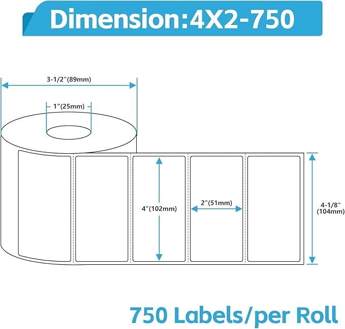 NineLeaf 4 Roll 4''x2'' Direct Thermal Label Barcodes Postage Shipping Address Labels with 750 Labels/Roll Compatible for Zebra Eltron Rollo Desktop Label Printers