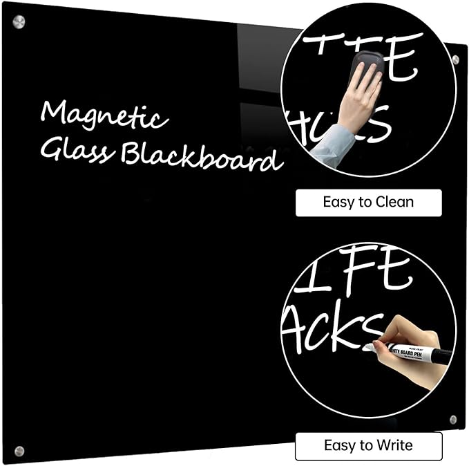 Magnetic Glass Dry Erase Board - Black Board 48 x 96 Inch Wall Mounted Glass Whiteboard, Large Frameless White Board for Wall Office, Home & School, Black