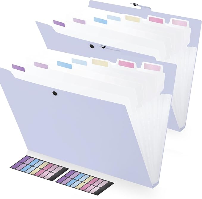2 Pack Expanding File Folder Organizer with 8 Pockets, Accordion File Organizer for Documents, A4/Letter Size Paper File Folder with Labels, Portable Folders for School Office Supplies, Purple