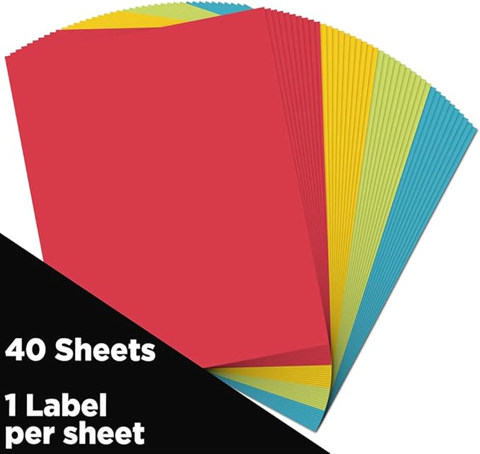 JAM PAPER Full Sheet Shipping Labels - Printable Sticker Paper - 8 1/2 x 11 - Assorted Bright Colors - 40 Pages/Pack
