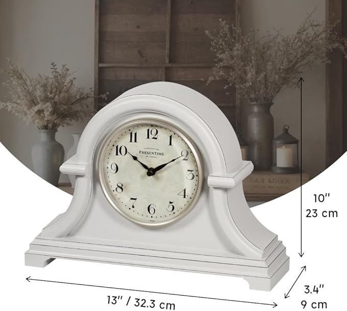 Presentime & Co. Mantel Clock Vintage Farmhouse Series, Napoleon Desk & Shelf Clock, 13 x 10 inch, Domed Lens, Quartz Movement, ABS Plastic Case, Gray Cream Finish (Home/Tabletop Decoration)