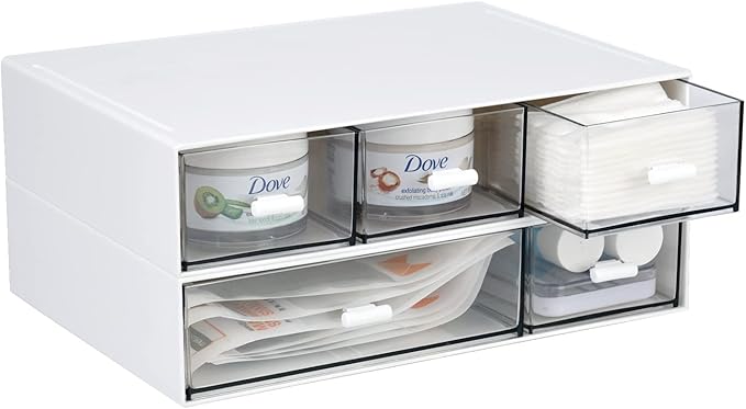 Desktop Organiser with 5 Drawers, Stackable Plastic Storage Box on Desk, Small Drawers Storage Unit for Home Collection, Cosmetics, Office Supplies (2 Flat Layers, White)