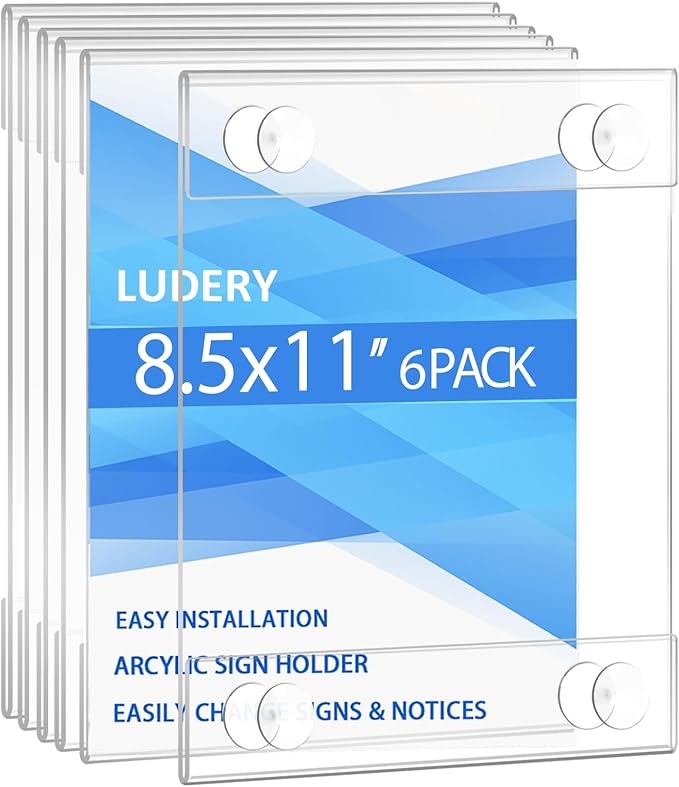 Acrylic Window Sign Holder 8.5 x 11 with 4 Suction Cups,Clear Acrylic Frames Glass Window Wall Mount,Advertising Signage Sign Holder for Mall, Office, Home, Store, Restaurant (6 Pack)