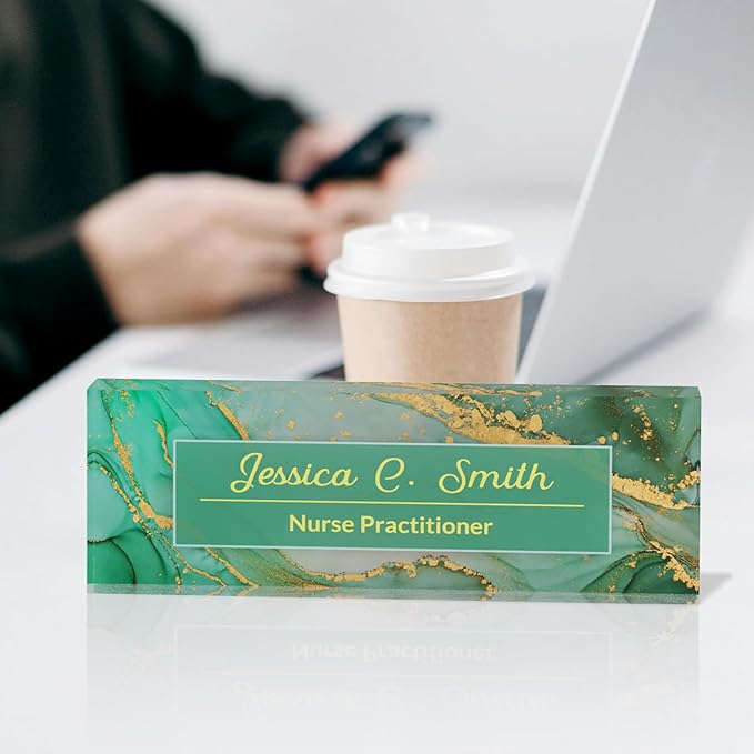 Office Desk Name Plate Personalized, Custom Plates for Desks on Acrylic Glass, Decor Nameplate, Accessories, Personalized Gift Boss Coworkers (Green Marble),(731)