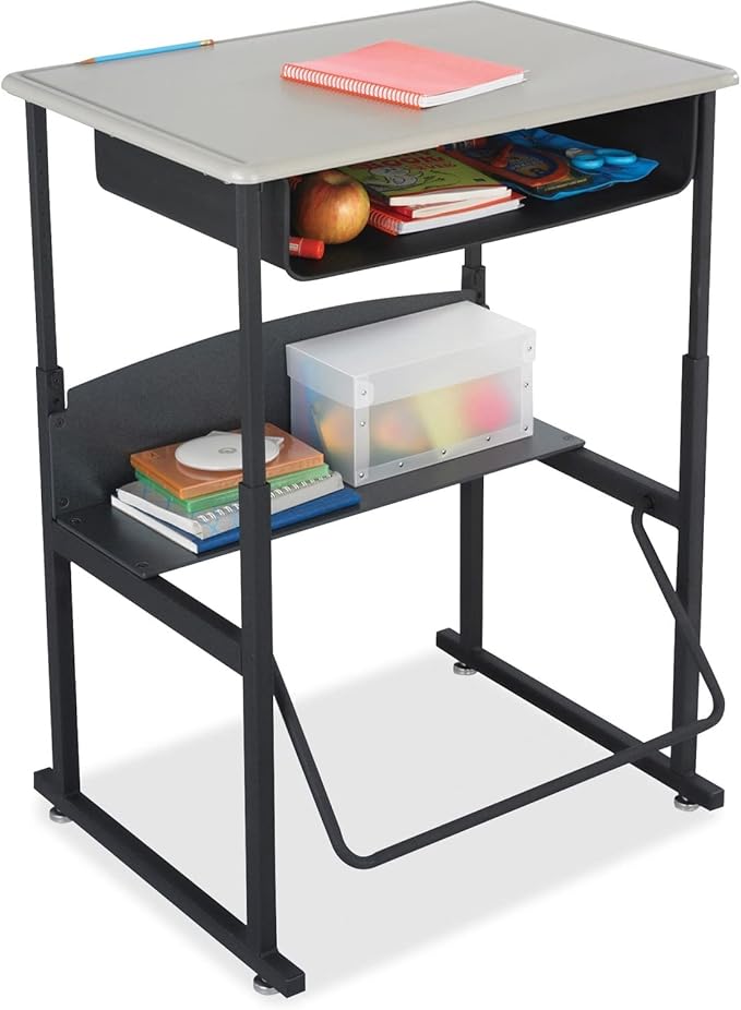 Safco AlphaBetter Student Standing Desk with Storage Book Box, Adjustable Height with Shelf and Swinging Pendulum Foot Rest, 28" W x 20" D, Black
