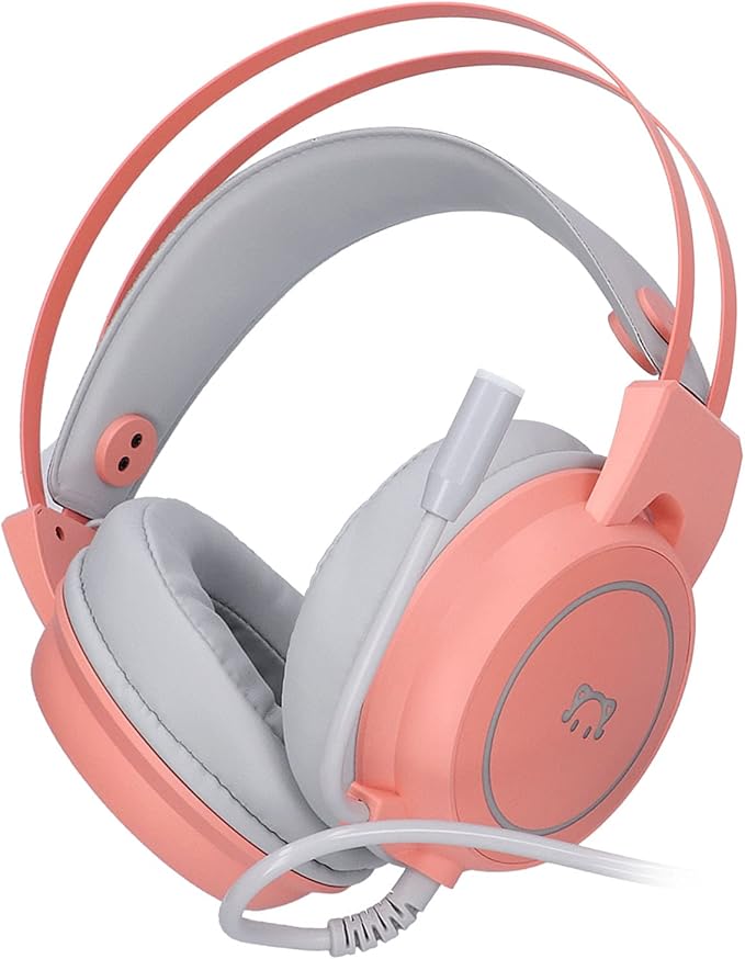 ChiweiJ Head Mounted Gaming Headset with 50mm Speaker Unit, Over Ear Stereo Headphone, 360° All Round Pointing Bendable Microphone, USB 7.1 Surround Sound for PC Gaming and Music Listening (Pink)