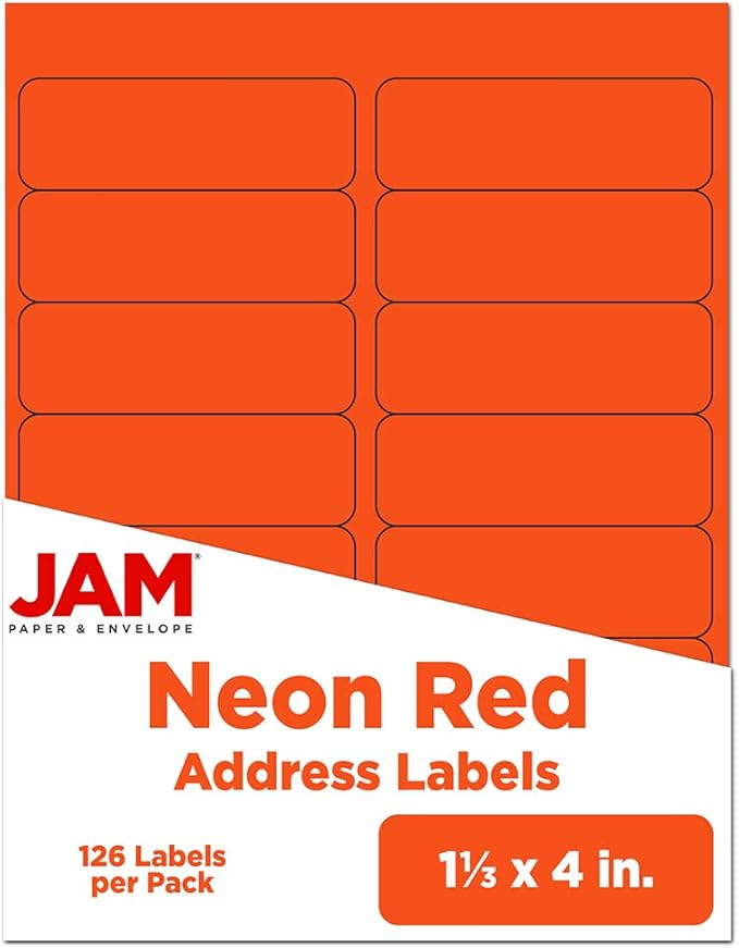 JAM PAPER Shipping Address Labels - Rectangular - 1 1/3 x 4 - Neon Deep Red/Orange - 126/pack