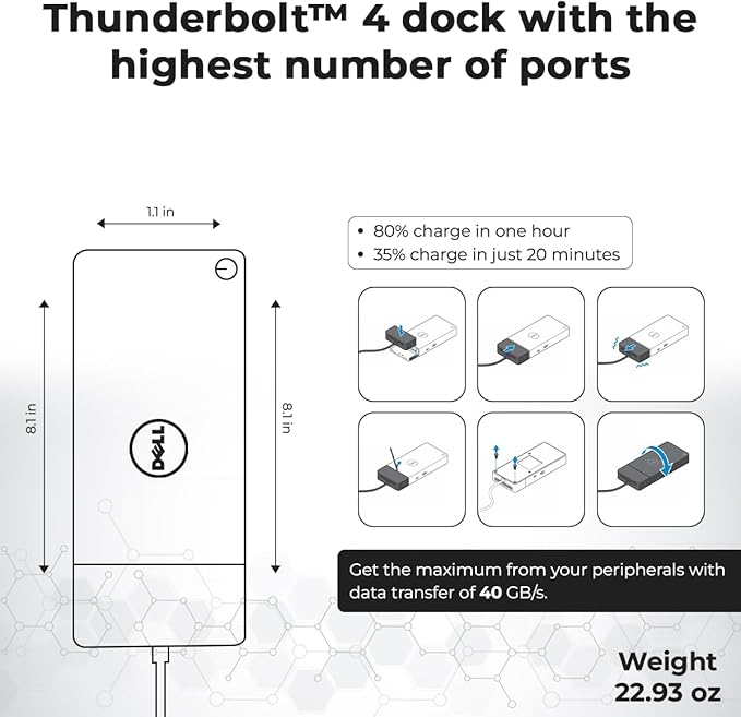 Dell WD22TB4 Thunderbolt 4 Dock - 1 Year Warranty, 40Gbps USB-C/USB A, Dell Docking Station w/ 180W Adapter, HDMI, DisplayPort, USB-C Cables - Supports 4K Displays & Upto 3 Monitors (Renewed)