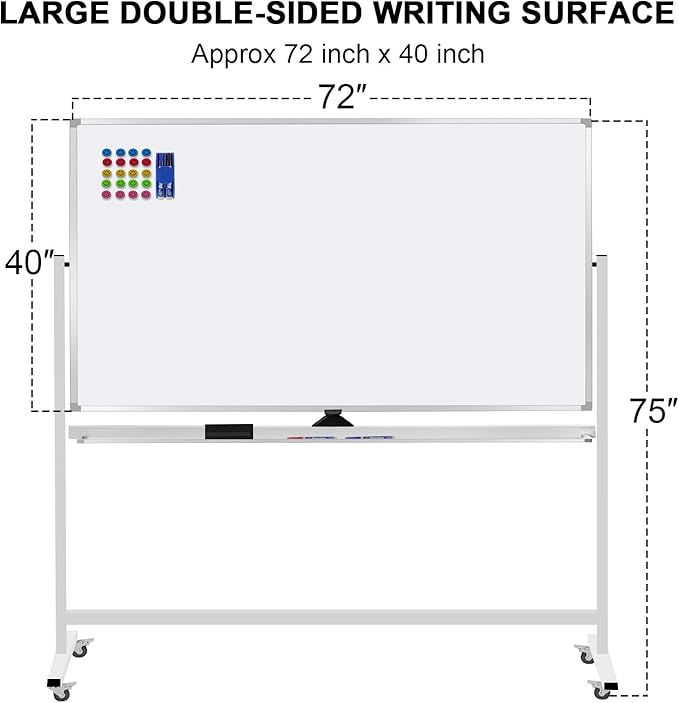 Mobile Whiteboard 72"x40" Magnetic Dry Erase White Boards on Wheels Double-Sided Large Whiteboard with Rolling Stand for Classrooms, Offices and Home