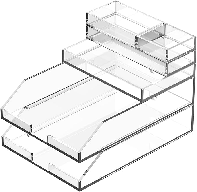 Clear Acrylic Desk Organizer for Office or Home Desk Drawer Dividers, Makeup Vanity Storage Bins, Stackable 4-Pack, Acrylic Accessory and Half Accessory Tray/Small Tray