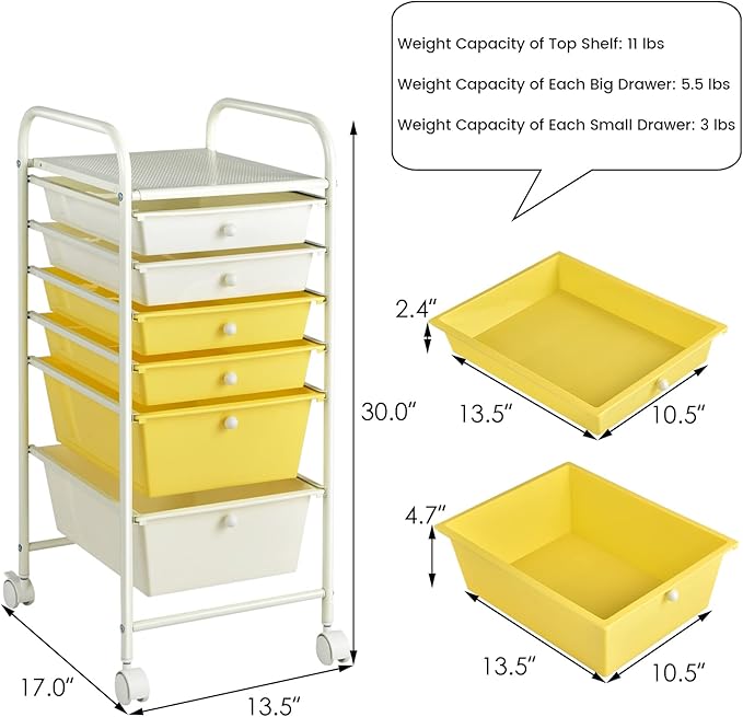 Happygrill 6-Drawer Organizer Cart Tools, Mobile Utility Storage Cart with Removable Drawers & Lockable Wheels, Rolling Storage Cart with Wheels for Home Office,Yellow
