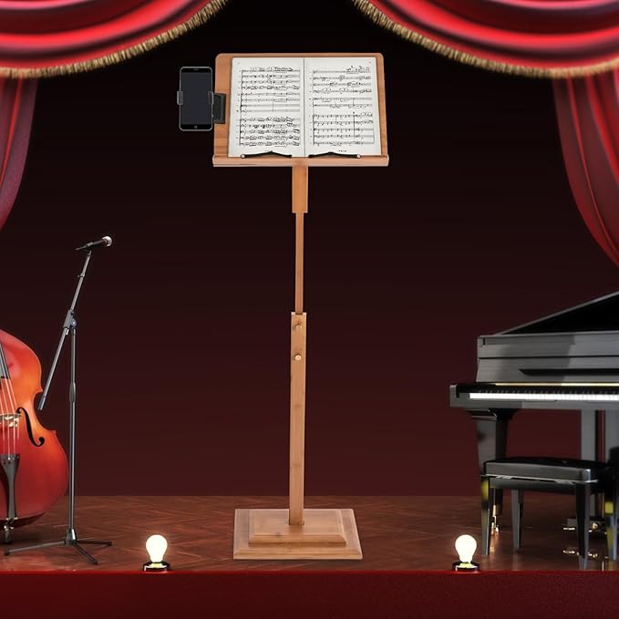 Sheet Music Stand & Desktop Book Stand with Phone Holder, Rotatable Music Book Holder Stand,Wooden Portable Sheet Music Table Stand Height Adjustable from 39.4-51.2in with Book Stand Support