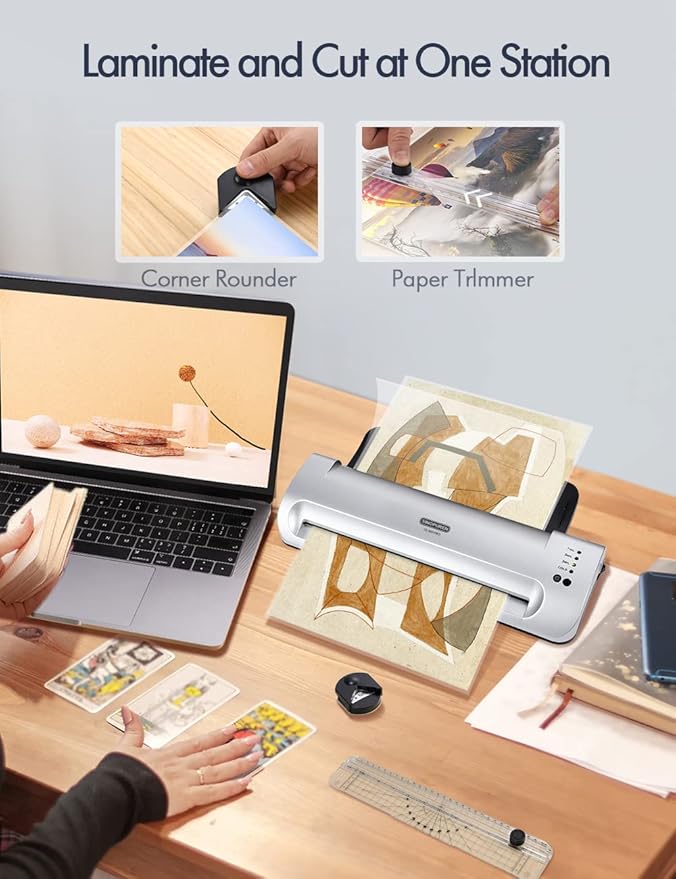13-Inch Thermal & Cold Laminator Machine, Quick Warm-Up, 3 Temp Settings, Jam-Free ABS, Built-in Paper Trimmer & Corner Rounder, 10 Laminating Pouches, for Home Office School