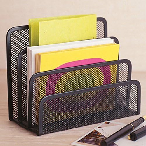 EASEPRES Desk Mail Organizer, Office Small Desktop Metal Mesh Envelope Letter Sorter Paper File Holder Organizer with 3 Vertical Upright Compartments, Black 1 Pack