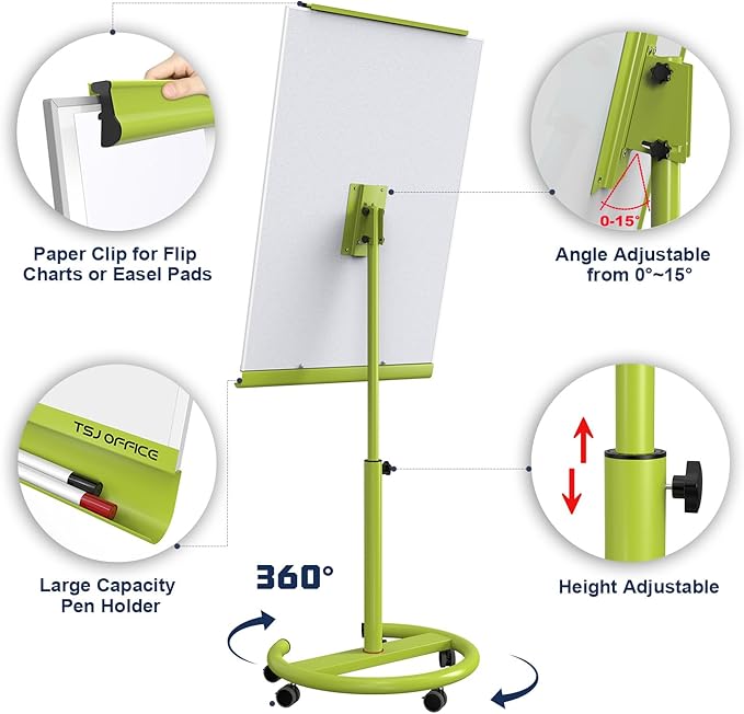 TSJ OFFICE Mobile Whiteboard Magnetic - 40 x 26 Inches Dry Erase Board on Wheel with Stand Flipchart Easel Height Adjustable,Green