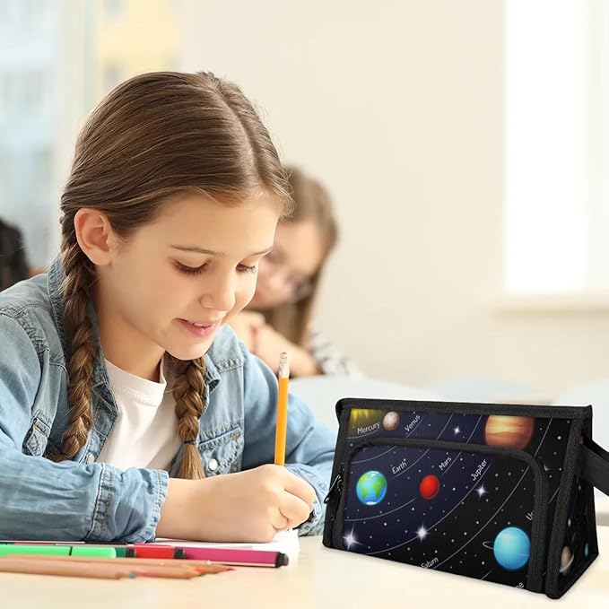 Pardick Large Capacity Pencil Case Pouch, Space Planet Portable Zipper Pencil Cases Pencil Bag Office Stationery Bag Makeup Bag Desk Organizer for Women Men