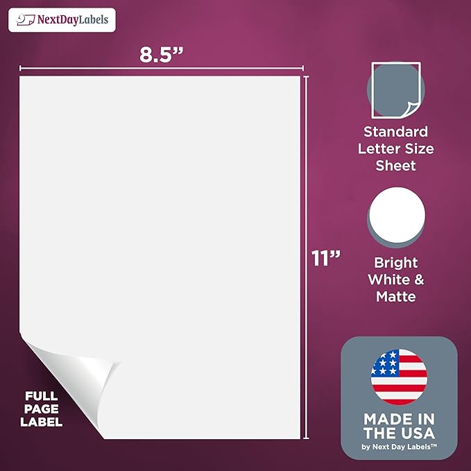 NextDayLabels - Full Page Labels 8.5 x 11 - White Shipping Labels - 8.5 x 11 Label Paper for Printer - Large Blank Matte Sticker Printer Paper - Laser/Inkjet Printer Labels (1 Per Sheet, 250 Labels)