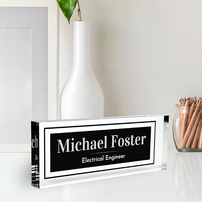 Customized Clear Acrylic Thick 8x3" Desk Name Plate Block with Personalized Logo - Professional Office Decor - Customized Acrylic Plate Gift for Teacher Co-workers, Christmas Gifts for Her, Thanksgiving Gifts (Elegant Charcoal)