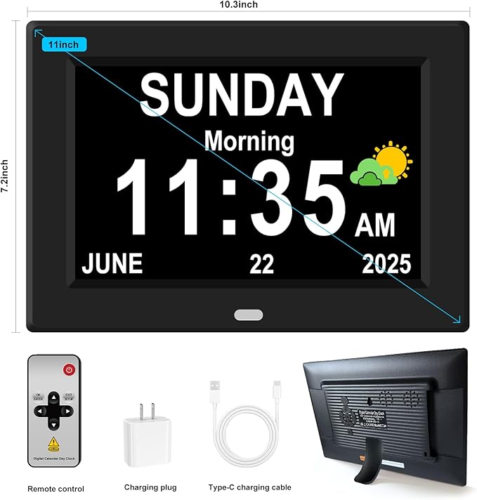 11'' Large Display Digital Alarm Clock for Seniors Date Day of Week Digital Calendar for Elderly Electric Digital Clocks 12 Alarms 4 Colors Desk Clocks Alzheimers Dementia Clock Auto DST/Dimmer
