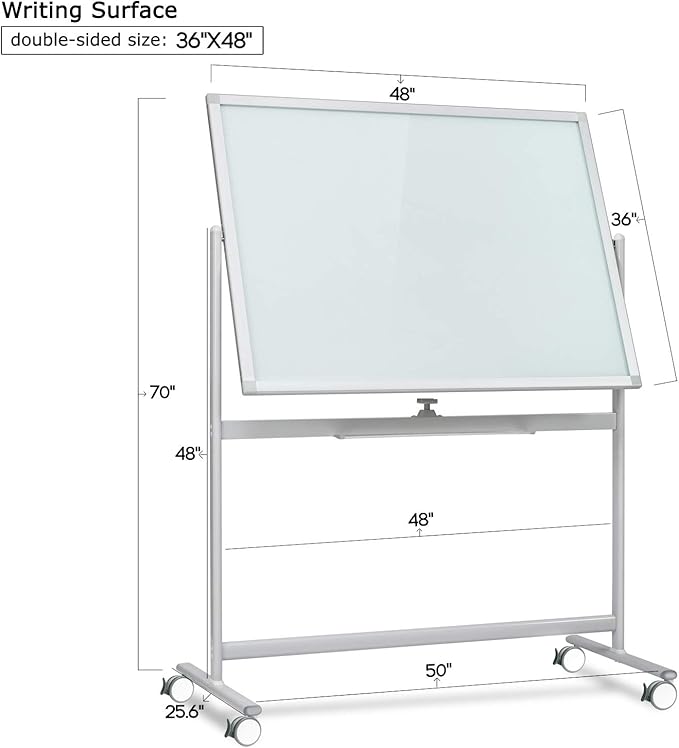 Mobile Glass Whiteboard, Magnetic Double-Sided Easel Style Glass Dry Erase White Board with Wheels - 48 x 36 Large Rolling Board Planner with Stand for Office, Classroom, School, Home.