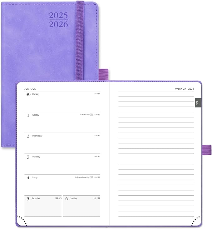 POPRUN Weekly Planner 2025-2026 (Pocket Size 4''x 6.25'') Academic Calendar (JUL.25 - JUN.26) Appointment Book with Monthly Tabs, Leather Soft Cover, Inner Pocket, 100 GSM - Lilac