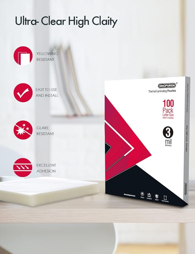 Thermal Laminating Pouches, 3mil Laminating Sheets, 8.9x11.4 Inches, Letter Size, HeatSeal, Clear (100pack)