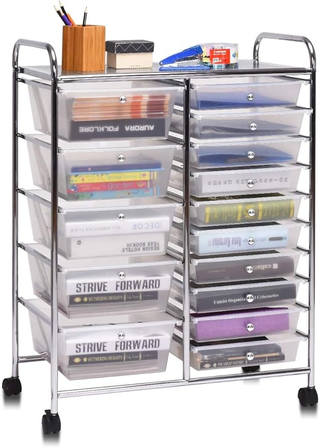 ARLIME 15 Drawer Rolling Storage Cart, Rolling Organizer Cart, Scrapbook Paper Organizer, Suitable for Office and School, Office Storage Tools on Wheels (Clear)