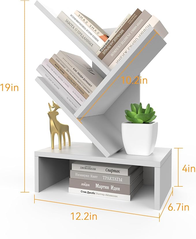 Godferyxin Small Bookshelf with Drawer,Mini Book Holder for Desk,White Wood Desktop Book Shelf for School,Office,Bedroom,Organizer CDs-Tree Bookcase