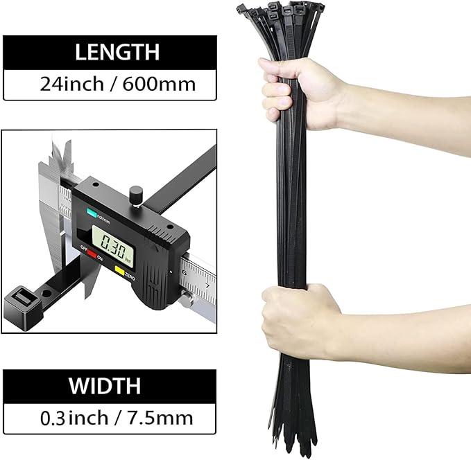 Black Zip Ties Heavy Duty 24 Inch Outdoor, 175lb Extra Large Cable Tie Wraps Long Plastic Wire Ties Wide Big Strong Thick Zipties 50 Pack