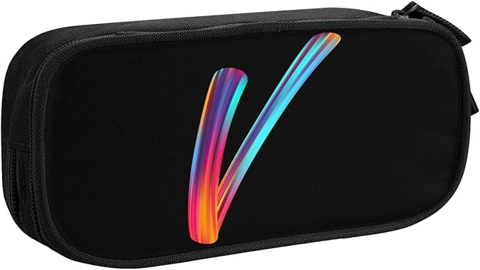 Cute Initial Pencil Case for Kids Students, Large Capacity Pencil Pouch for Boys Girls, Letter Design Pencil Box Pen Bag Office Stationery Organizer, Rainbow Letter V