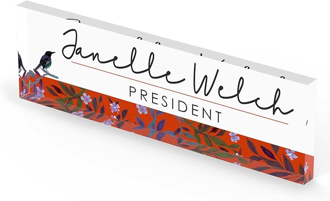 Artblox Personalized Office Desk Name Plate and Business Card Holder | Clear Acrylic Glass with Teak Wood Stand | Bird Singing Design Customized with Your Name and Credentials Office Desk Décor 8x2.5