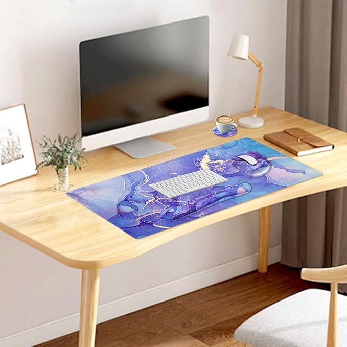 4-in-1 Gaming Mouse Pad Wrist Support Set，Desk Pad + Mouse Pad with Wrist Rest + Keyboard Wrist Rest + Coaster, Ergonomic Design for Home Office Study Game - Purple Marble