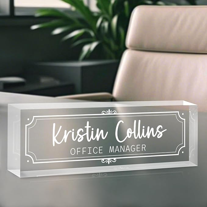 Custom Name Plate for Desk, Personalized Name Plate on Clear Acrylic Glass, Appreciation Gifts for Teacher Employee Boss Coworkers Nurse, Office Desk Accessories for Women Men (Engraved Classic)