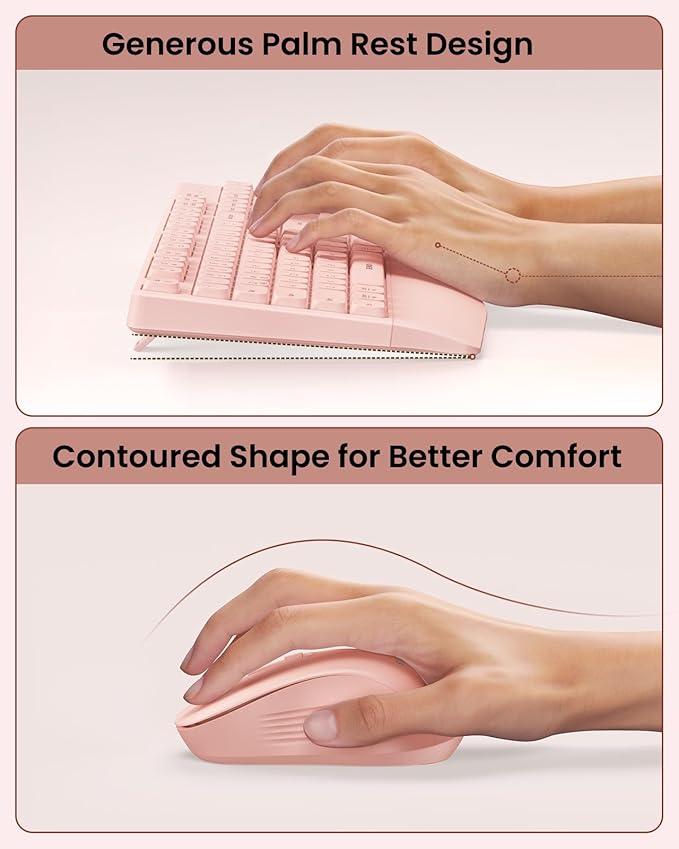seenda Wireless Bluetooth Keyboard and Mouse Combo, COE200 Ergonomic Wireless Keyboard Mouse with Wrist Rest, Multi-Device Connection, Full-Size, Compatible for Computer/Laptop/Mac/MacBook, Pink
