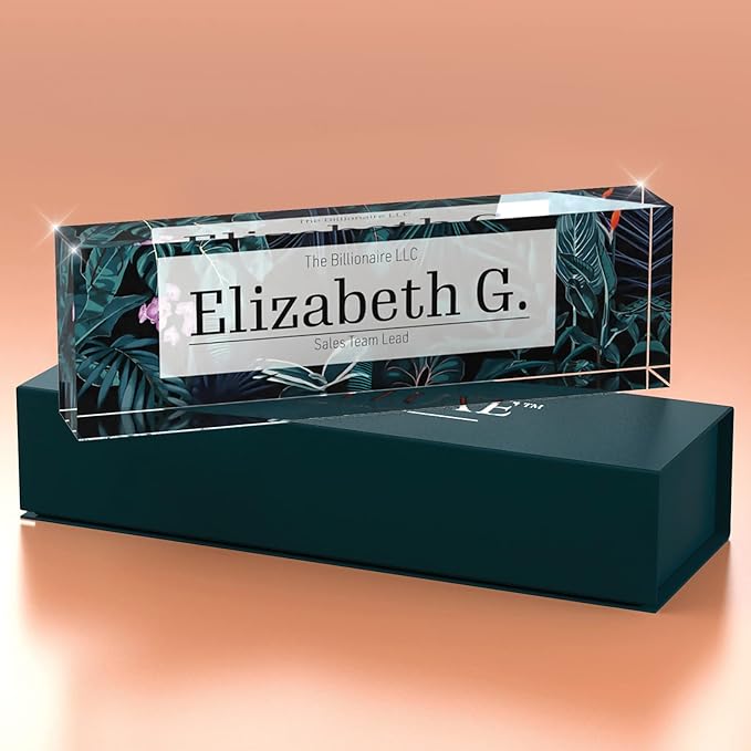 Desk Name Plate Personalized, Custom Name Plates 2½/x8 Inches, Thick Crystal-Clear Acrylic, Gift Box, Office Desk Decor. USA Made by ACRYLUXE (Bouquet)