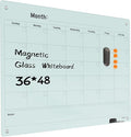 Magnetic Glass Dry Erase Board Calendar- White Board 48 x 36 Inch Wall Mounted Monthly Whiteboard, Large Frameless Glass White Board for Wall Office, Home & School