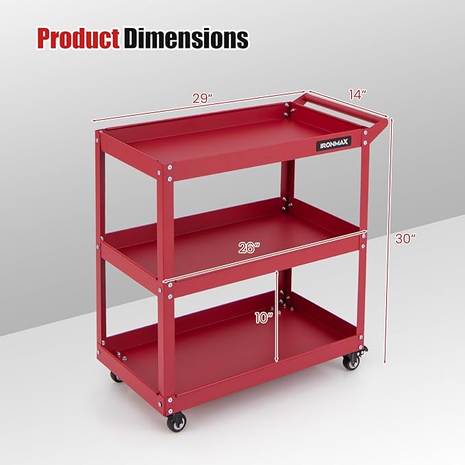 Goplus 3-Tier Utility Cart, Heavy Duty Commercial Service Tool Cart w/3 Spacious Shelves, 4 Universal Wheels with 2 Brakes, Rolling Mechanic Tool Cart Storage Organizer for Warehouse Garage