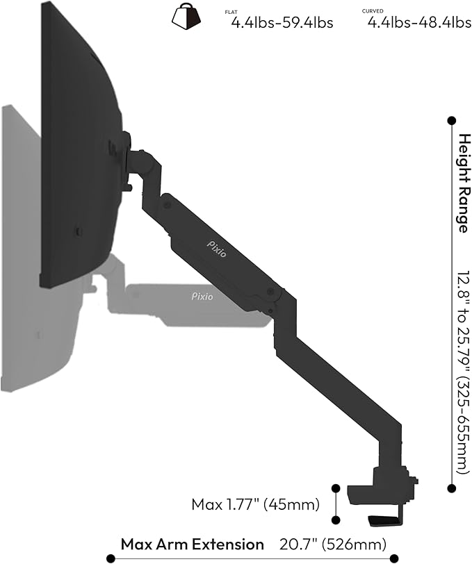 Pixio PS2S Titan Black Ultrawide Mega Heavy-Duty Premium Single Monitor Arm Stand fits up to 57 inch Monitors Holds up to 59.4lbs VESA Compatible Integrated Cable Management