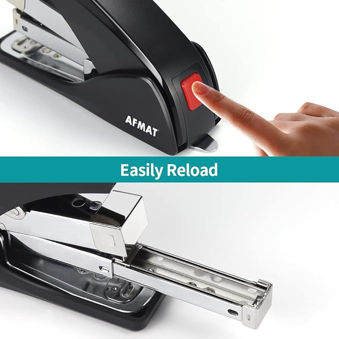 AFMAT Stapler for Desk, 50 Sheet Effortless Desktop Stapler Staple with One Finger, Portable Ergonomic Handheld Staplers Heavy Duty, Built-in Remover, Space Save Size, Good for Home & Office ES10