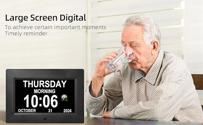 7-Inch Digital Watch, Large Font Display, 3 Display Modes, Many Alarms and Medication Alerts for Seniors and Alzheimer Patients (Black) (Black, 7-inch)