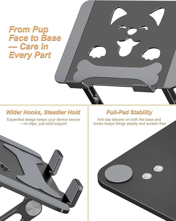 Laptop Stand for Desk – Adjustable Portable Laptop Riser, Aluminum Laptop Holder Compatible with MacBook Air Pro, Dell, HP, Lenovo (10"-17.3"), Featuring Unique Puppy Panel Design, Black