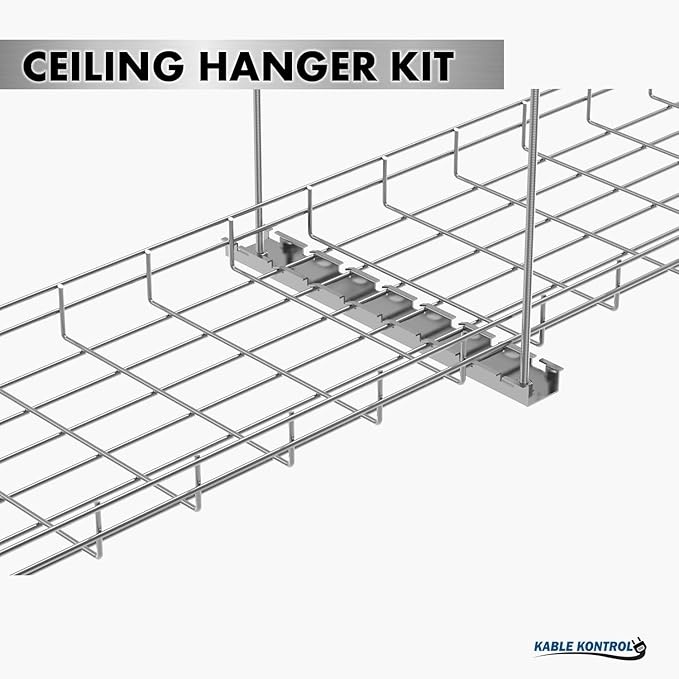 Kable Kontrol Stainless Steel Ceiling Hanger Kits – 4” Width - Wire Mesh Tray Cable Management Rack Cords Organizer Cable Basket, NEC Approved for Network, Fiber Optic, Cabling Accessory