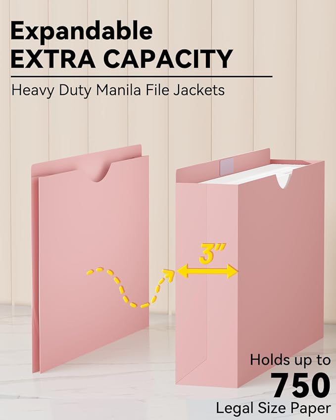 ANSOOK Plastic File Jackets,3" Legal Size Manila File Folder,12 Pack Expandable Project File Folders,Expanding File Jacket Folders for Cabinet,Straight Cut Tab,Manila Job Folder for Home Office