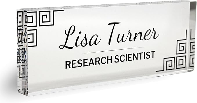 Customized Clear Acrylic Thick 8x3" Desk Name Plate Block with Personalized Logo - Professional Office Decor - Customized Acrylic Plate Gift for Teacher Co-workers, Christmas Gifts, Holiday Gifts (Greek Key Corners)