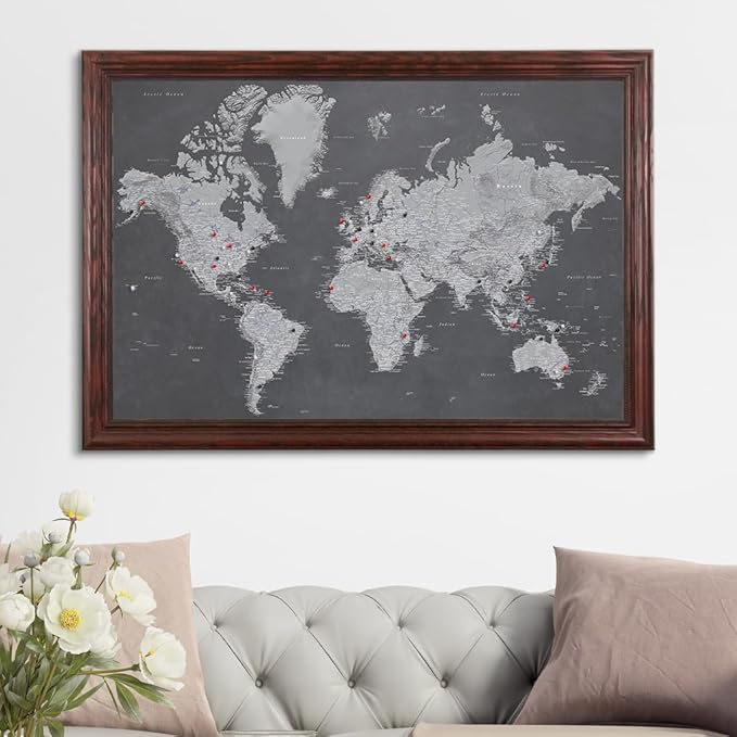 Push Pin Travel Maps - Stormy Dreams World - Solid Wood Cherry Framed Pin Map for Tracking Your Travels - 27.5" x 39.5" - 8 Handcrafted Frame Options - Made in USA - Ideal for Any Traveler